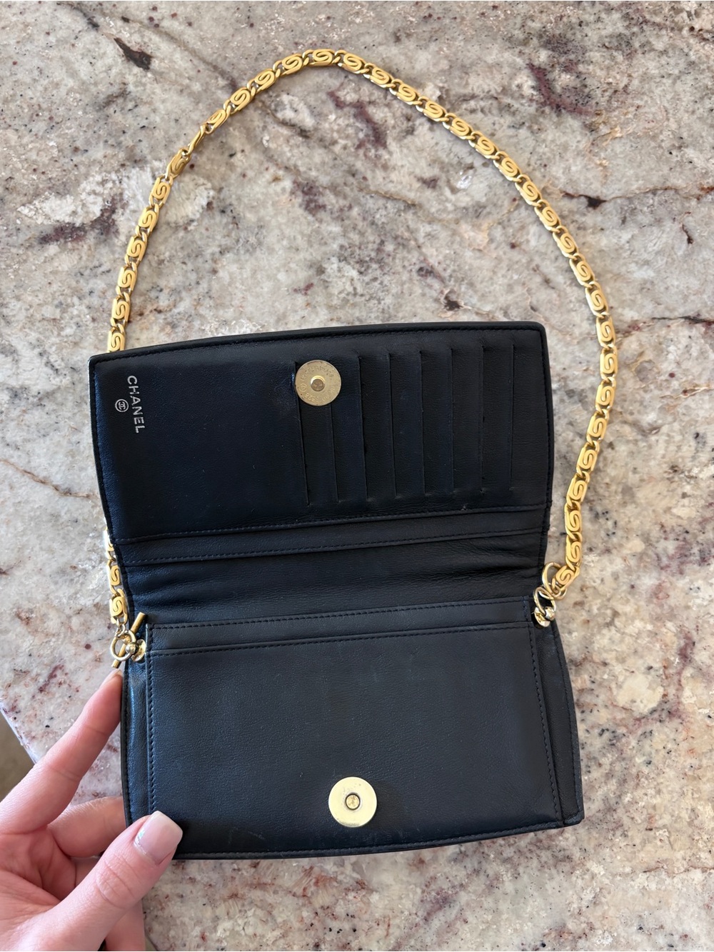 CHANEL Black Patent Leather Wallet with Gold Chain WOC - Picture 5 of 15